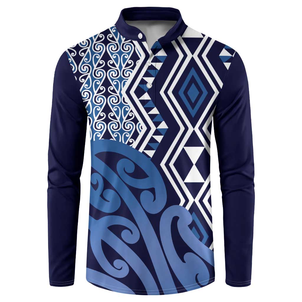 New Zealand Button Sweatshirt Aotearoa Kowhaiwhai Mix Taniko Art - Blue LT14 Blue - Polynesian Pride