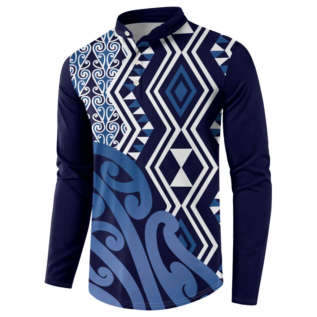 New Zealand Button Sweatshirt Aotearoa Kowhaiwhai Mix Taniko Art - Blue LT14 - Polynesian Pride