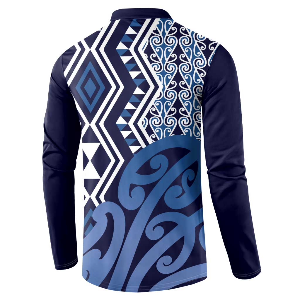 New Zealand Button Sweatshirt Aotearoa Kowhaiwhai Mix Taniko Art - Blue LT14 - Polynesian Pride