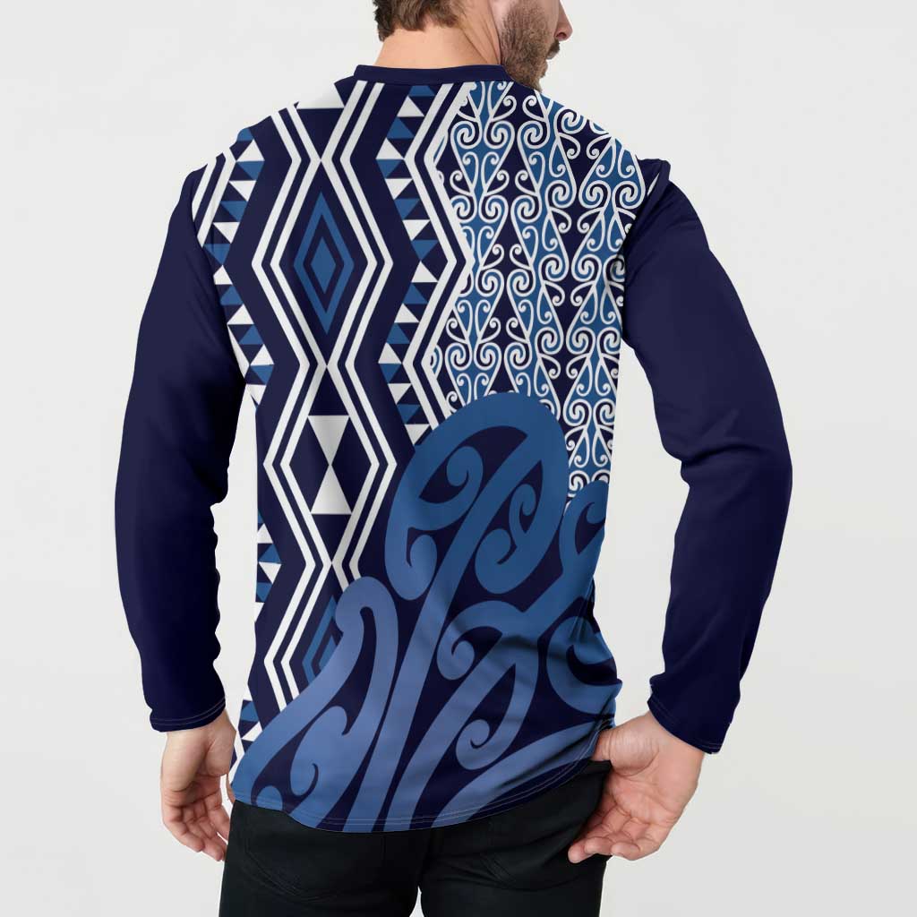 New Zealand Button Sweatshirt Aotearoa Kowhaiwhai Mix Taniko Art - Blue LT14 - Polynesian Pride