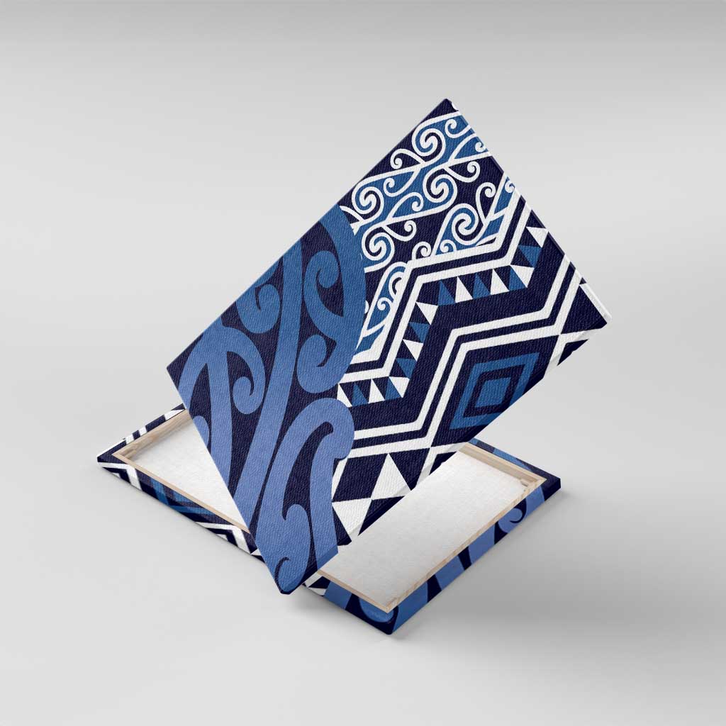New Zealand Canvas Wall Art Aotearoa Kowhaiwhai Mix Taniko Art - Blue LT14 With Frame Blue - Polynesian Pride
