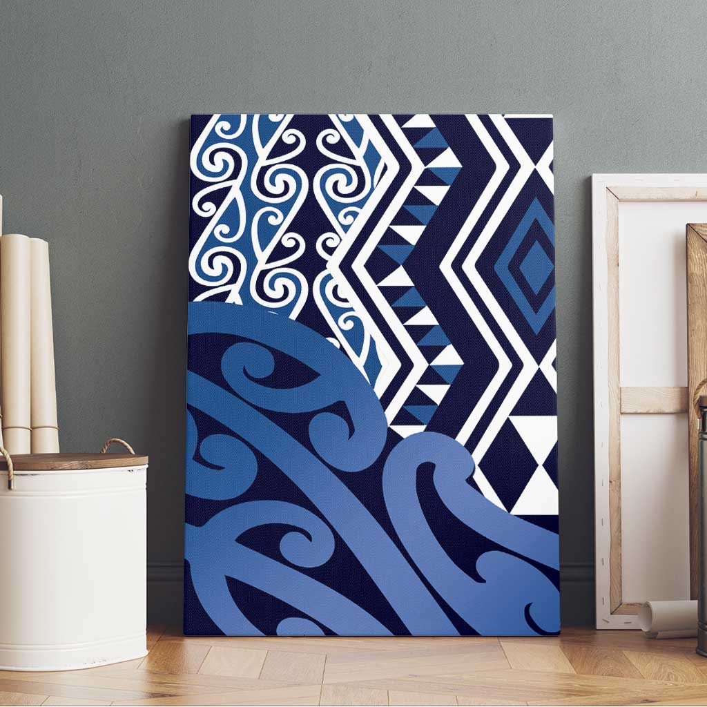 New Zealand Canvas Wall Art Aotearoa Kowhaiwhai Mix Taniko Art - Blue LT14 - Polynesian Pride
