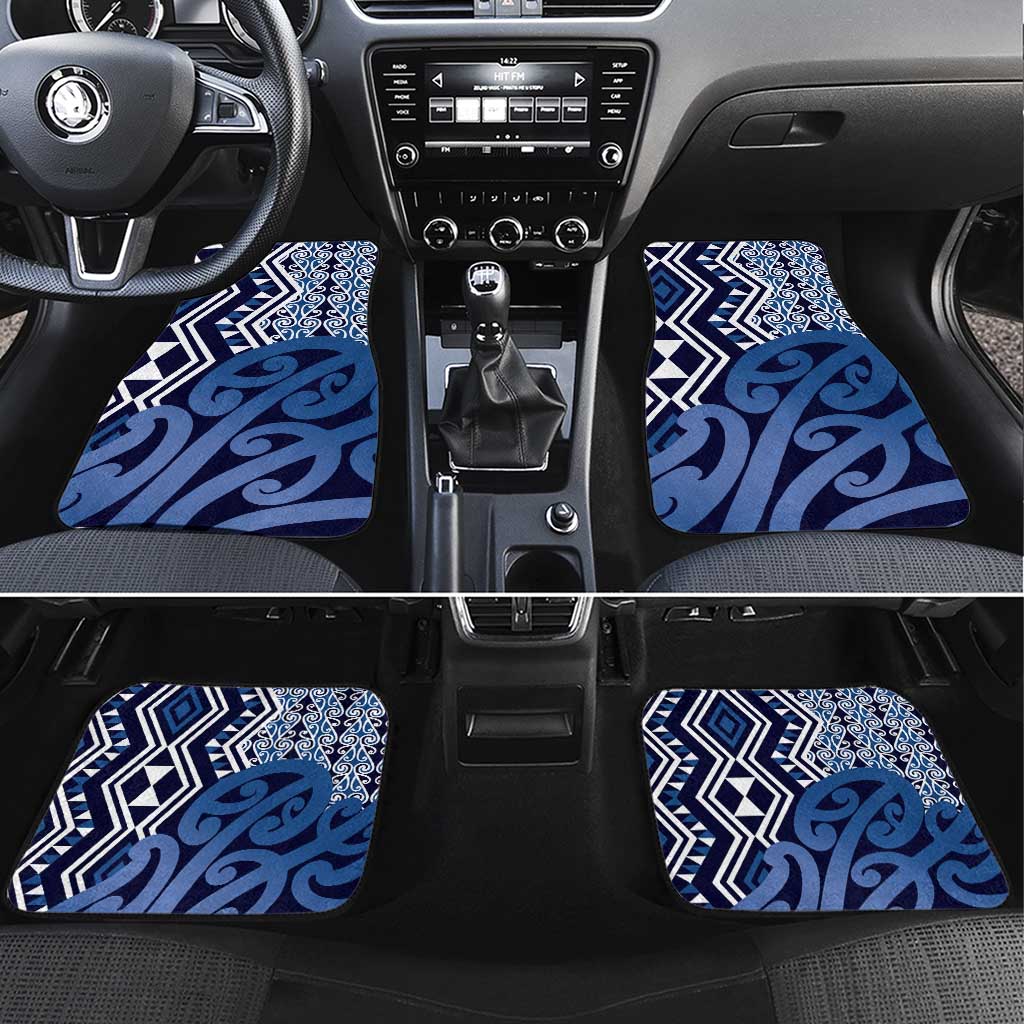 New Zealand Car Mats Aotearoa Kowhaiwhai Mix Taniko Art - Blue LT14 Set 4pcs Blue - Polynesian Pride