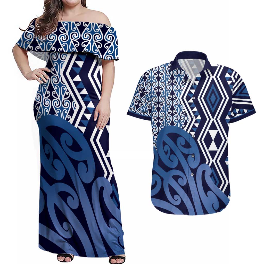 New Zealand Couples Matching Off Shoulder Maxi Dress and Hawaiian Shirt Aotearoa Kowhaiwhai Mix Taniko Art - Blue