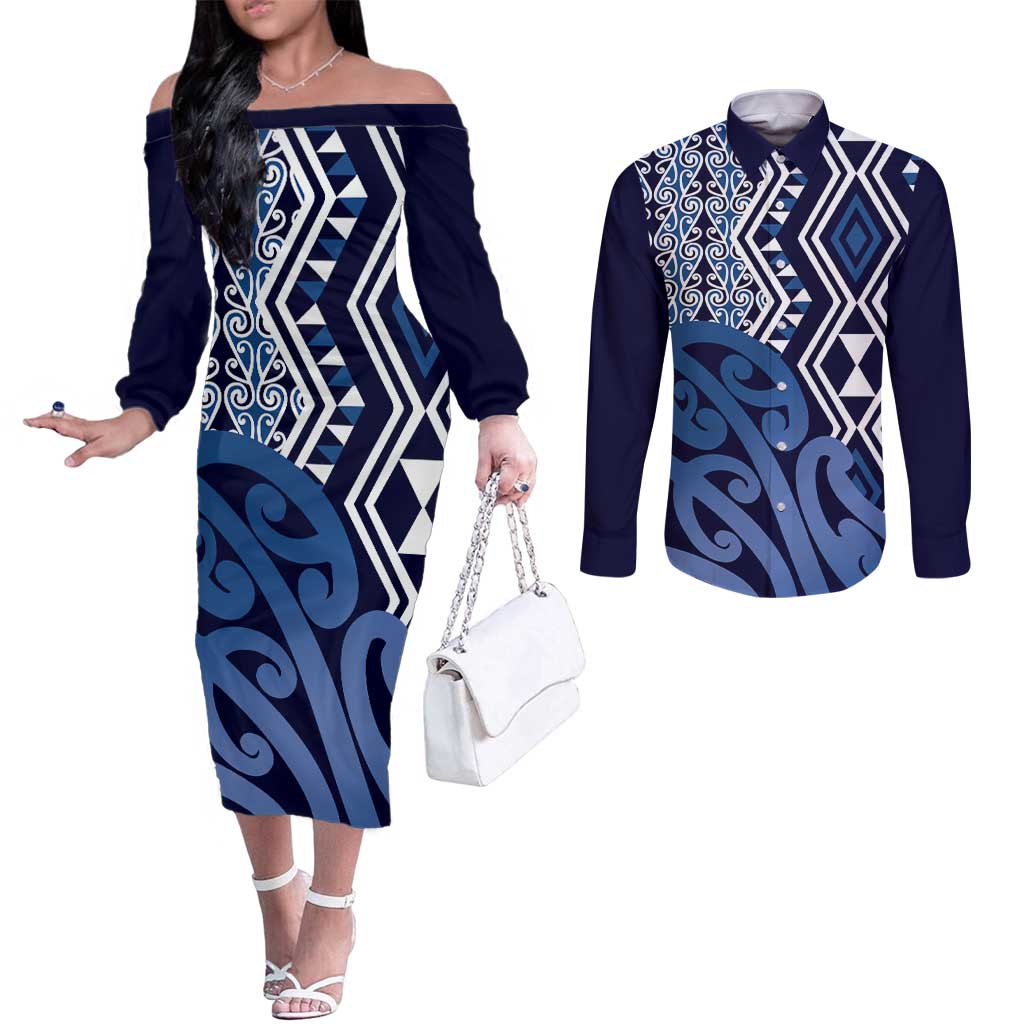 New Zealand Couples Matching Off The Shoulder Long Sleeve Dress and Long Sleeve Button Shirt Aotearoa Kowhaiwhai Mix Taniko Art - Blue