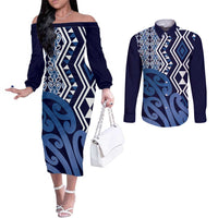 New Zealand Couples Matching Off The Shoulder Long Sleeve Dress and Long Sleeve Button Shirt Aotearoa Kowhaiwhai Mix Taniko Art - Blue