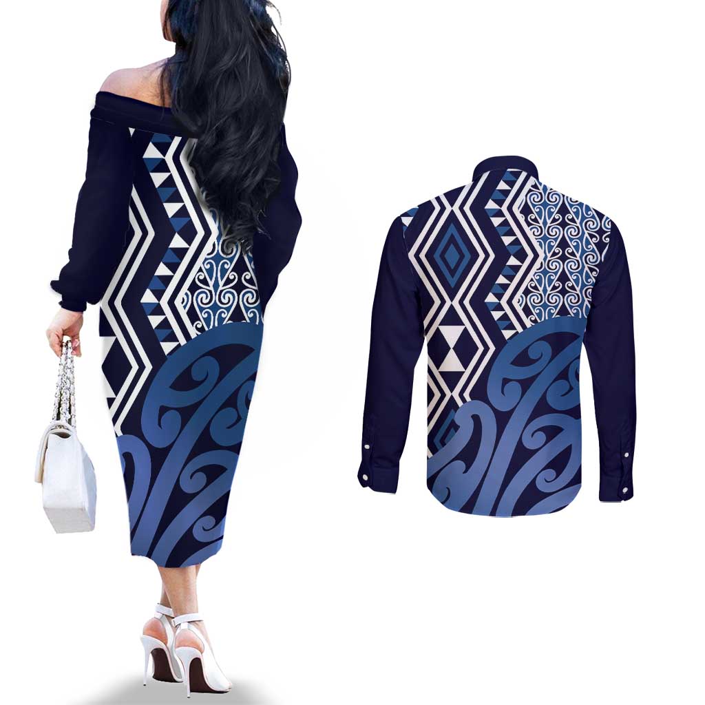 New Zealand Couples Matching Off The Shoulder Long Sleeve Dress and Long Sleeve Button Shirt Aotearoa Kowhaiwhai Mix Taniko Art - Blue