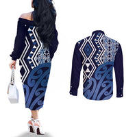 New Zealand Couples Matching Off The Shoulder Long Sleeve Dress and Long Sleeve Button Shirt Aotearoa Kowhaiwhai Mix Taniko Art - Blue