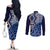 New Zealand Couples Matching Off The Shoulder Long Sleeve Dress and Long Sleeve Button Shirt Aotearoa Kowhaiwhai Mix Taniko Art - Blue