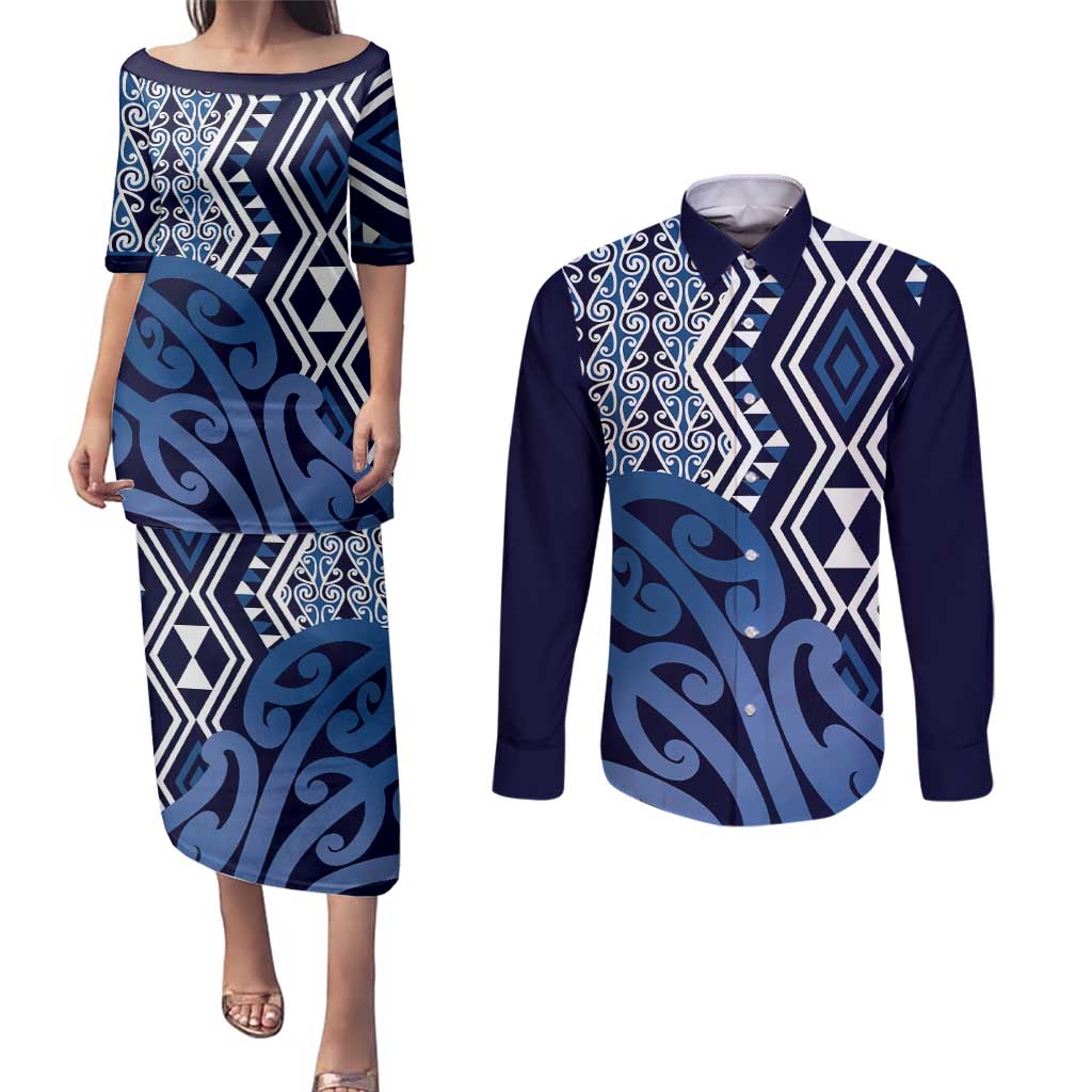 New Zealand Couples Matching Puletasi and Long Sleeve Button Shirt Aotearoa Kowhaiwhai Mix Taniko Art - Blue LT14 Blue - Polynesian Pride