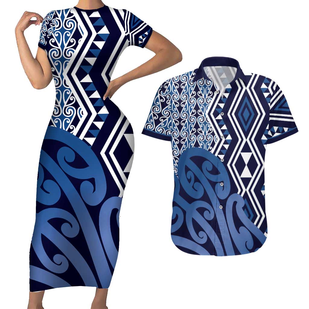 New Zealand Couples Matching Short Sleeve Bodycon Dress and Hawaiian Shirt Aotearoa Kowhaiwhai Mix Taniko Art - Blue LT14 Blue - Polynesian Pride