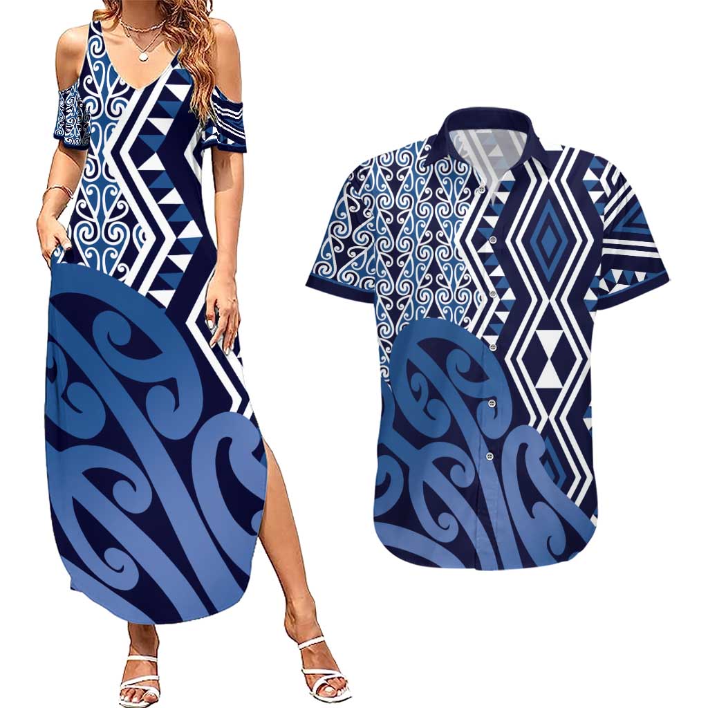 New Zealand Couples Matching Summer Maxi Dress and Hawaiian Shirt Aotearoa Kowhaiwhai Mix Taniko Art - Blue