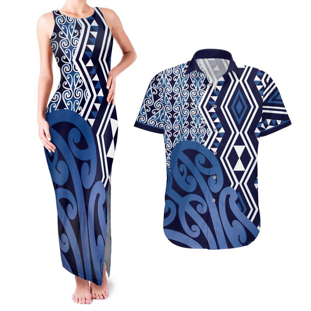 New Zealand Couples Matching Tank Maxi Dress and Hawaiian Shirt Aotearoa Kowhaiwhai Mix Taniko Art - Blue
