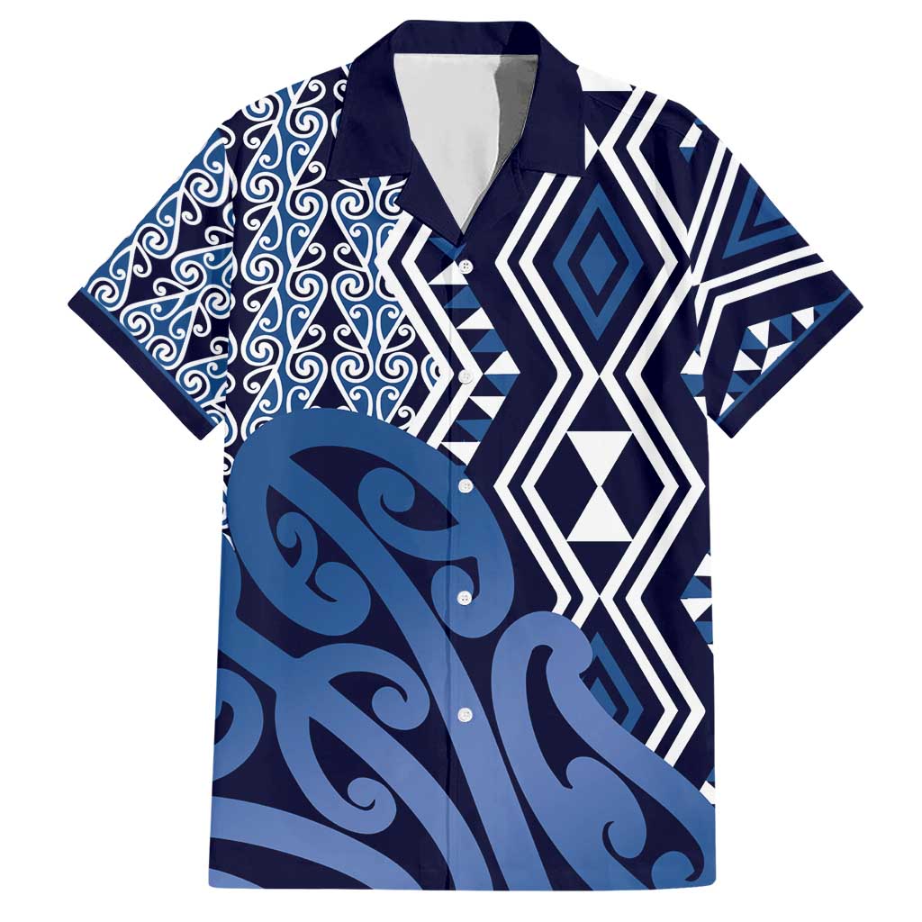 New Zealand Hawaiian Shirt Aotearoa Kowhaiwhai Mix Taniko Art - Blue LT14 Blue - Polynesian Pride