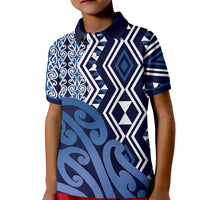 New Zealand Kid Polo Shirt Aotearoa Kowhaiwhai Mix Taniko Art - Blue