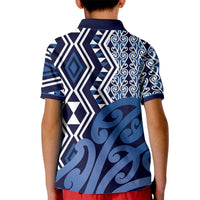 New Zealand Kid Polo Shirt Aotearoa Kowhaiwhai Mix Taniko Art - Blue
