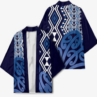 New Zealand Kimono Aotearoa Kowhaiwhai Mix Taniko Art - Blue - Polynesian Pride