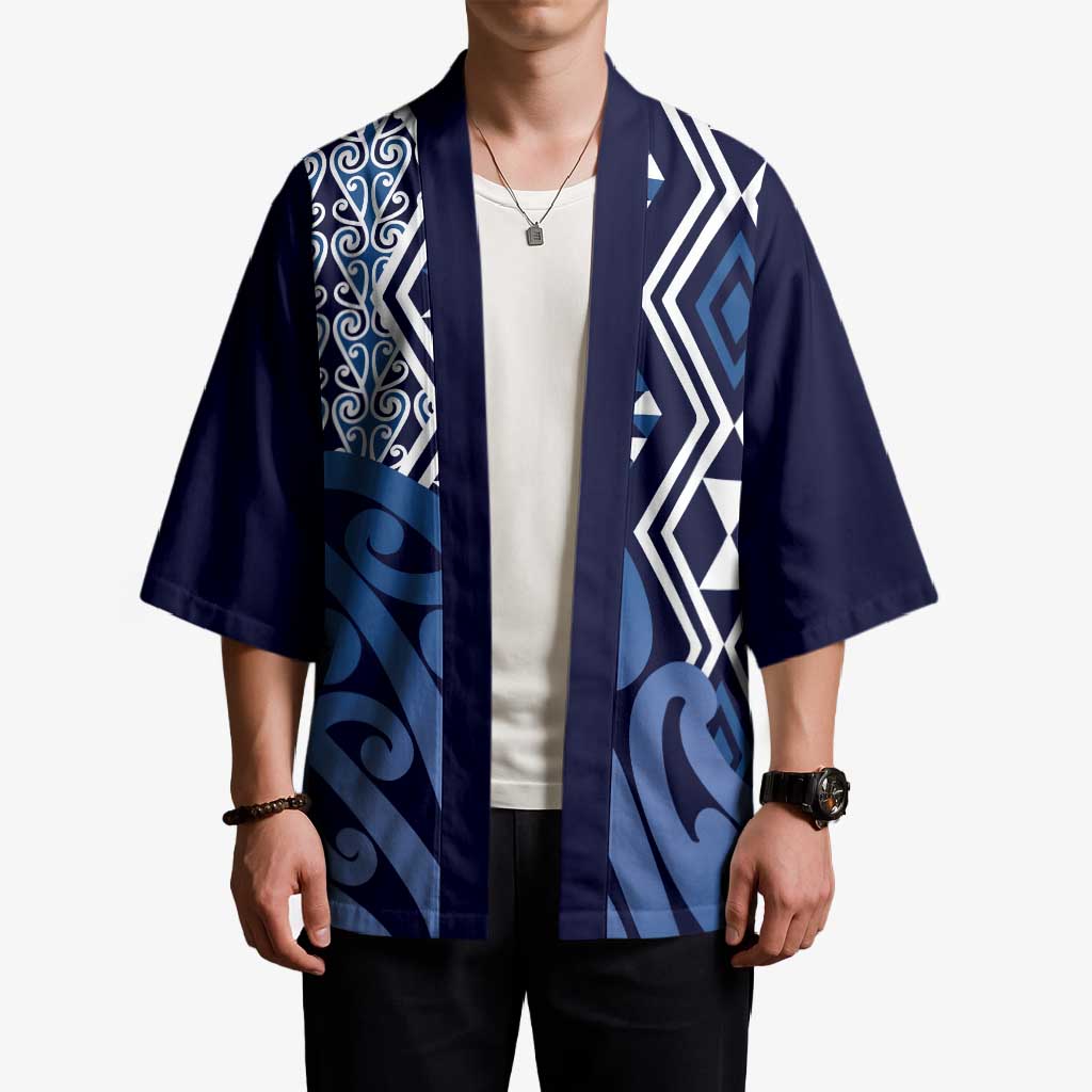 New Zealand Kimono Aotearoa Kowhaiwhai Mix Taniko Art - Blue - Polynesian Pride