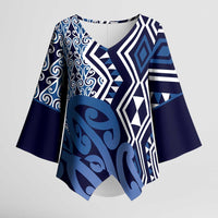 New Zealand Kimono Sleeve Blouse Aotearoa Kowhaiwhai Mix Taniko Art - Blue - Polynesian Pride