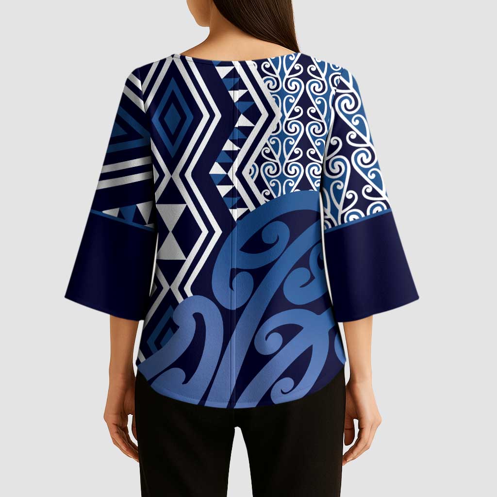 New Zealand Kimono Sleeve Blouse Aotearoa Kowhaiwhai Mix Taniko Art - Blue - Polynesian Pride