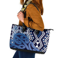 New Zealand Leather Tote Bag Aotearoa Kowhaiwhai Mix Taniko Art - Blue LT14 Blue - Polynesian Pride