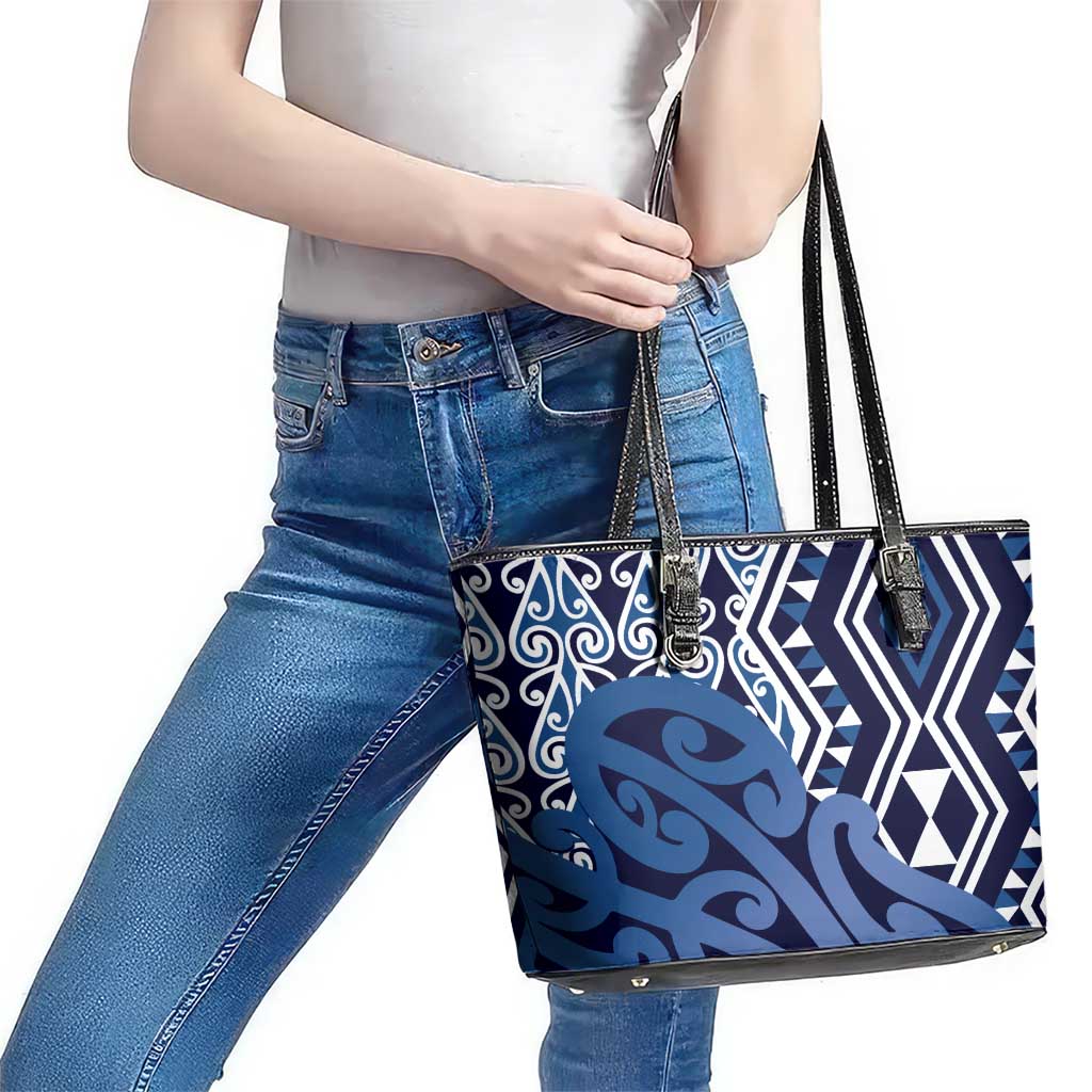 New Zealand Leather Tote Bag Aotearoa Kowhaiwhai Mix Taniko Art - Blue LT14 - Polynesian Pride