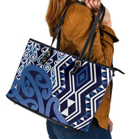 New Zealand Leather Tote Bag Aotearoa Kowhaiwhai Mix Taniko Art - Blue LT14 - Polynesian Pride
