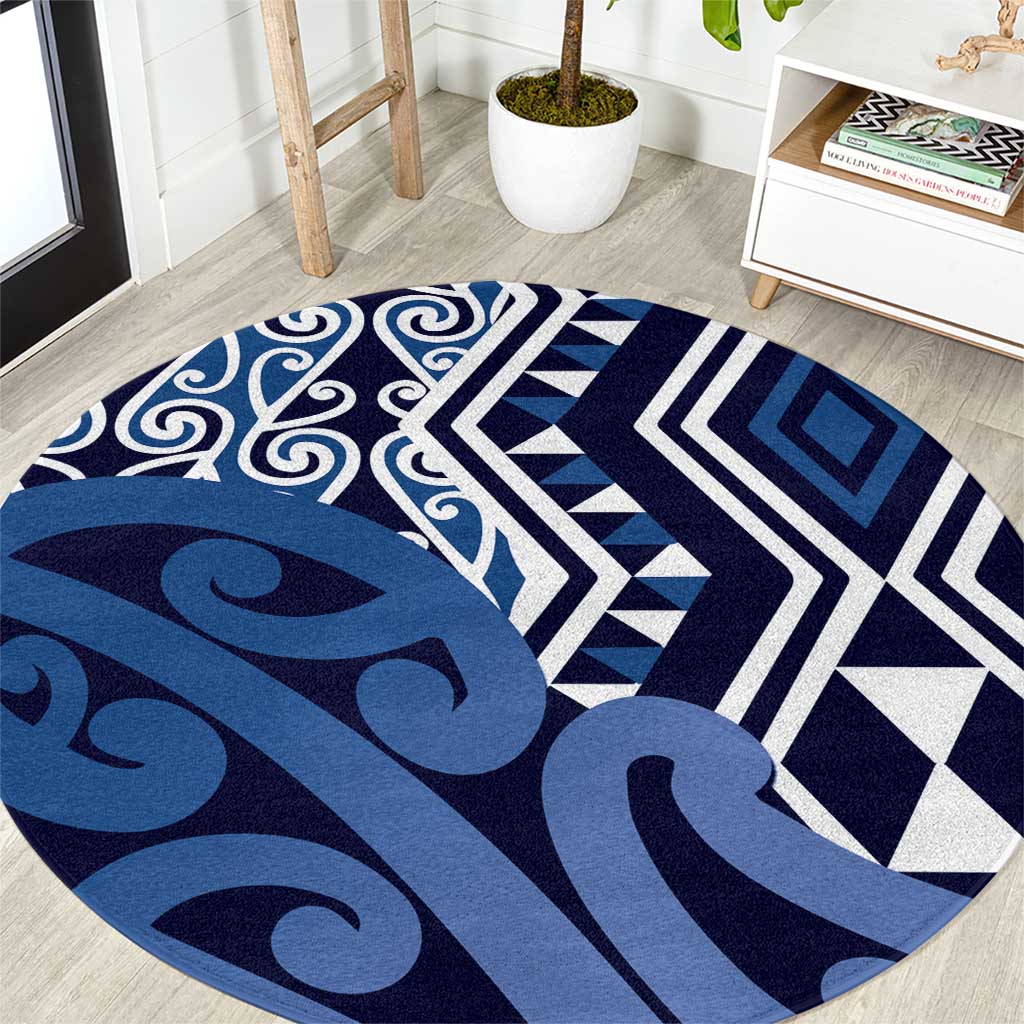 New Zealand Round Carpet Aotearoa Kowhaiwhai Mix Taniko Art - Blue