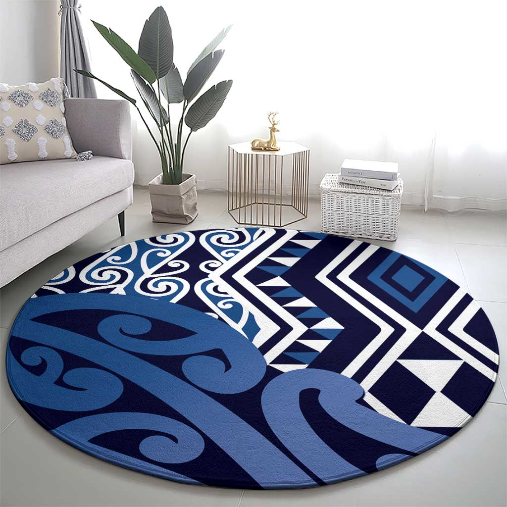 New Zealand Round Carpet Aotearoa Kowhaiwhai Mix Taniko Art - Blue