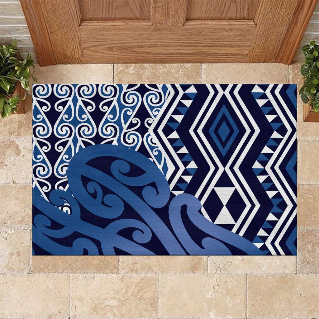 New Zealand Rubber Doormat Aotearoa Kowhaiwhai Mix Taniko Art - Blue LT14 Blue - Polynesian Pride