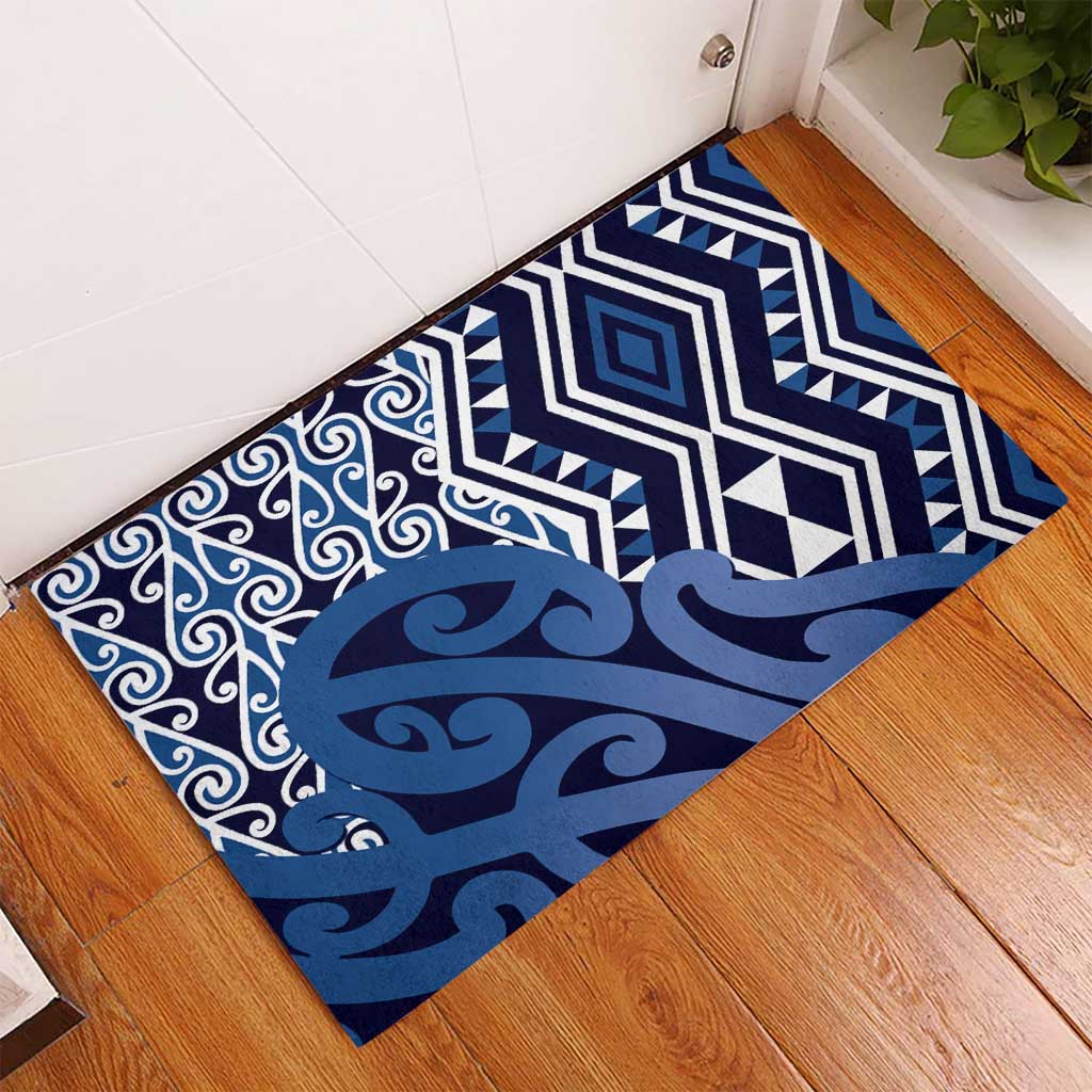 New Zealand Rubber Doormat Aotearoa Kowhaiwhai Mix Taniko Art - Blue
