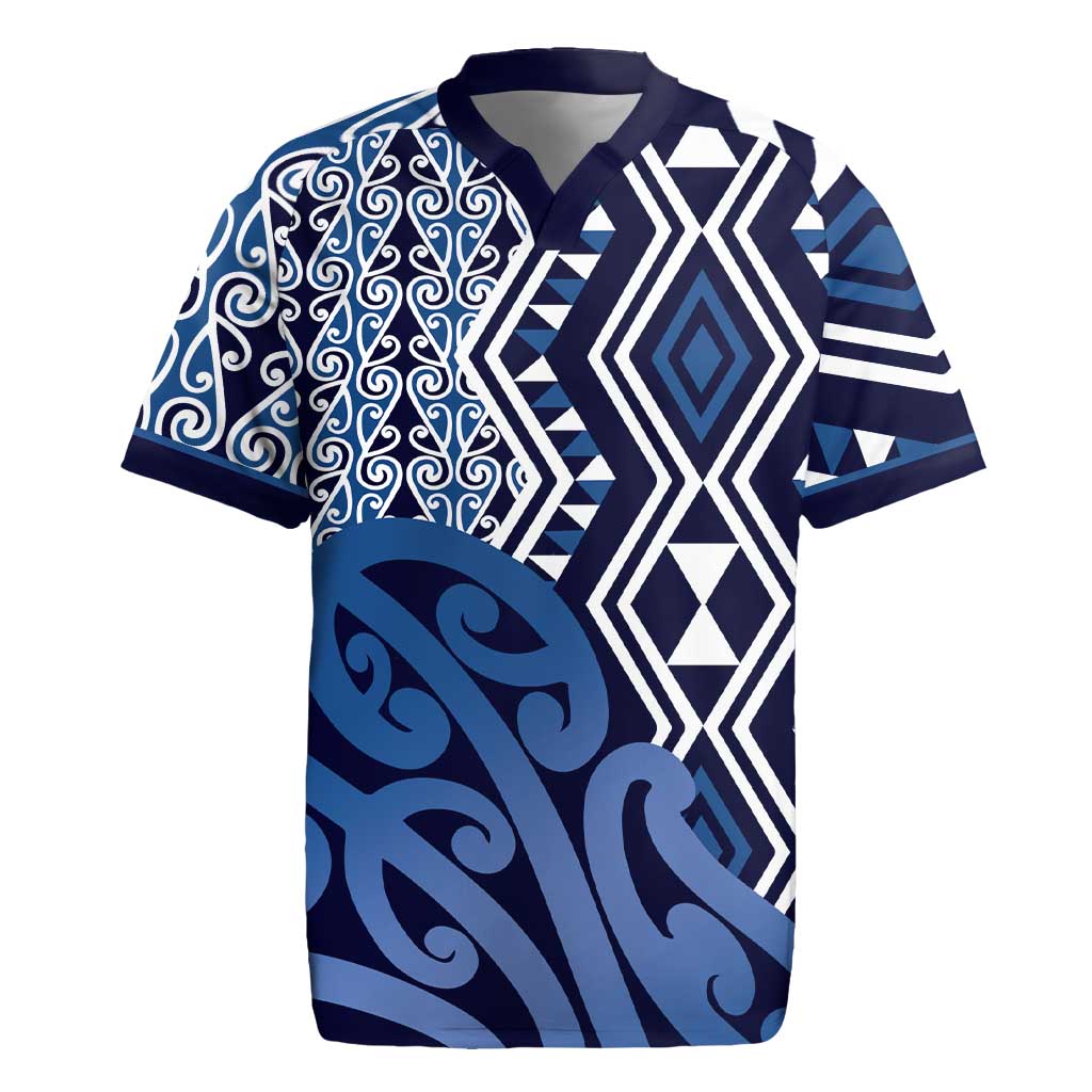 New Zealand Rugby Jersey Aotearoa Kowhaiwhai Mix Taniko Art - Blue LT14 Blue - Polynesian Pride