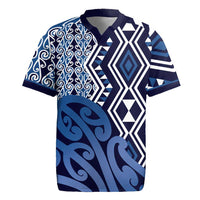 New Zealand Rugby Jersey Aotearoa Kowhaiwhai Mix Taniko Art - Blue LT14 Blue - Polynesian Pride