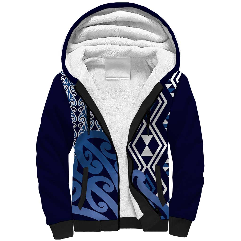 New Zealand Sherpa Hoodie Aotearoa Kowhaiwhai Mix Taniko Art - Blue LT14 Unisex Blue - Polynesian Pride