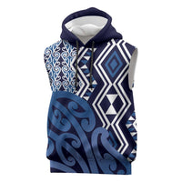 New Zealand Sleeveless Hoodie Aotearoa Kowhaiwhai Mix Taniko Art - Blue - Polynesian Pride