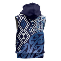 New Zealand Sleeveless Hoodie Aotearoa Kowhaiwhai Mix Taniko Art - Blue - Polynesian Pride