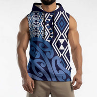 New Zealand Sleeveless Hoodie Aotearoa Kowhaiwhai Mix Taniko Art - Blue - Polynesian Pride