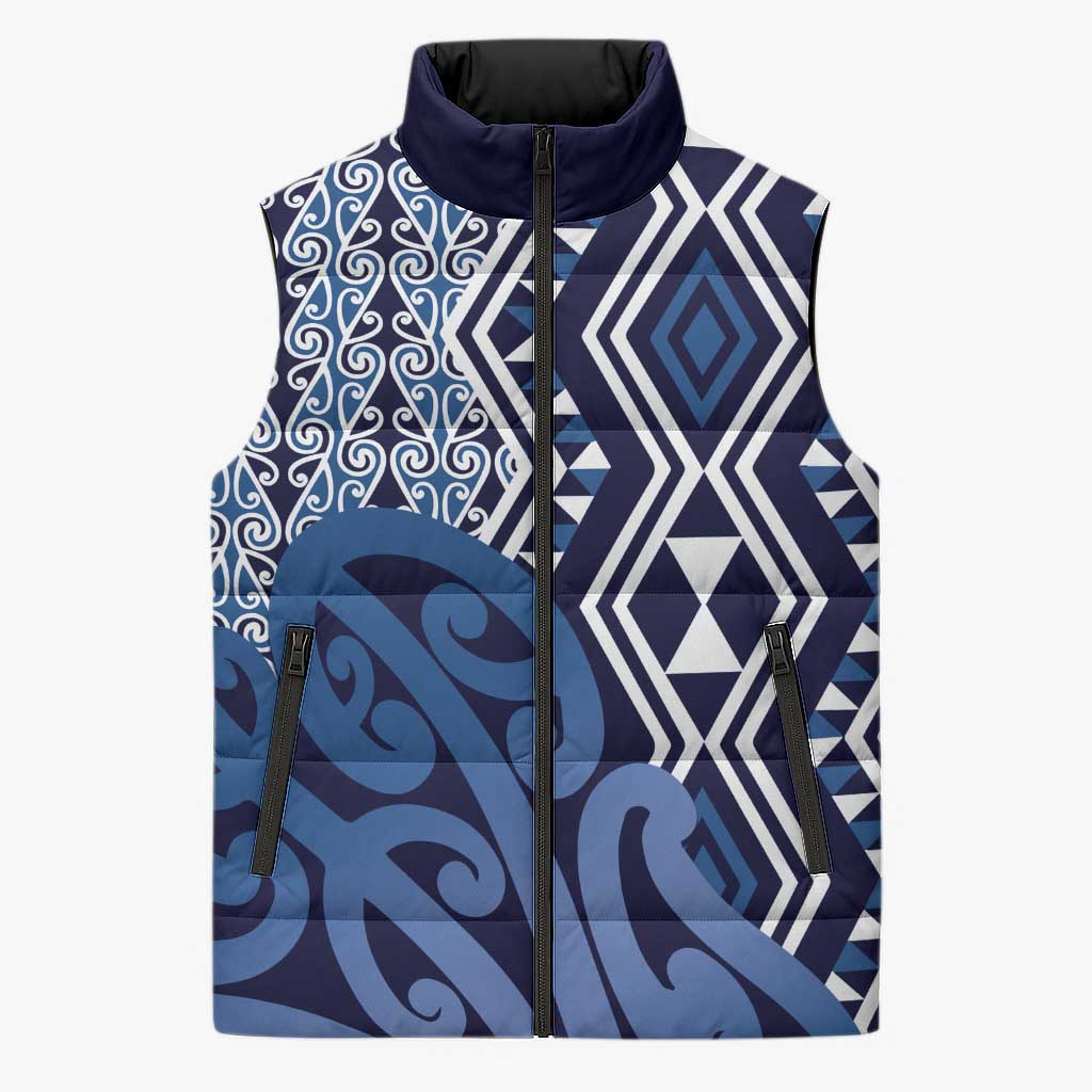 New Zealand Sleeveless Puffer Jacket Aotearoa Kowhaiwhai Mix Taniko Art - Blue - Polynesian Pride