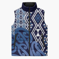 New Zealand Sleeveless Puffer Jacket Aotearoa Kowhaiwhai Mix Taniko Art - Blue - Polynesian Pride