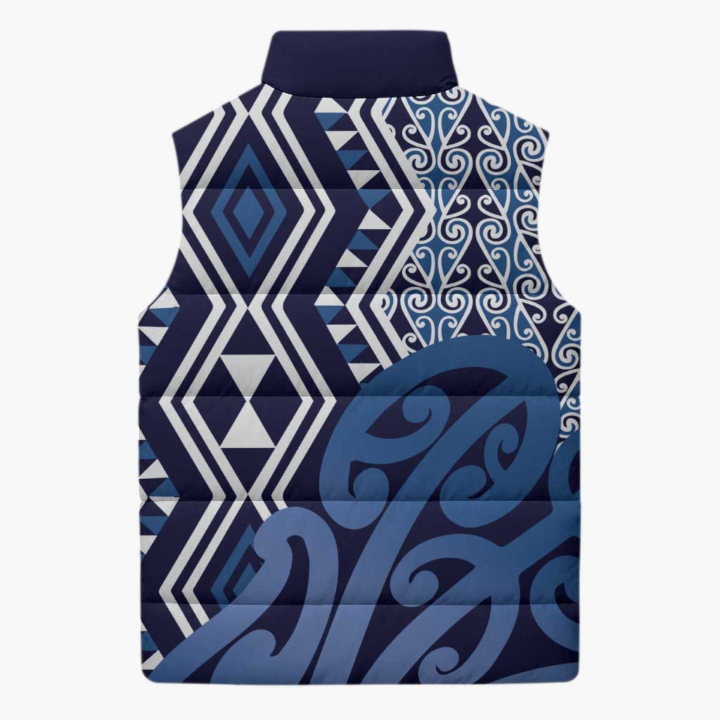 New Zealand Sleeveless Puffer Jacket Aotearoa Kowhaiwhai Mix Taniko Art - Blue - Polynesian Pride
