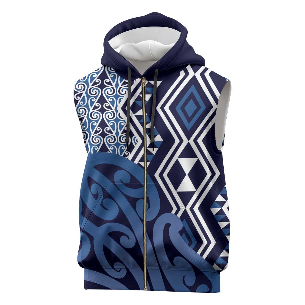 New Zealand Sleeveless Zip Hoodie Aotearoa Kowhaiwhai Mix Taniko Art - Blue - Polynesian Pride