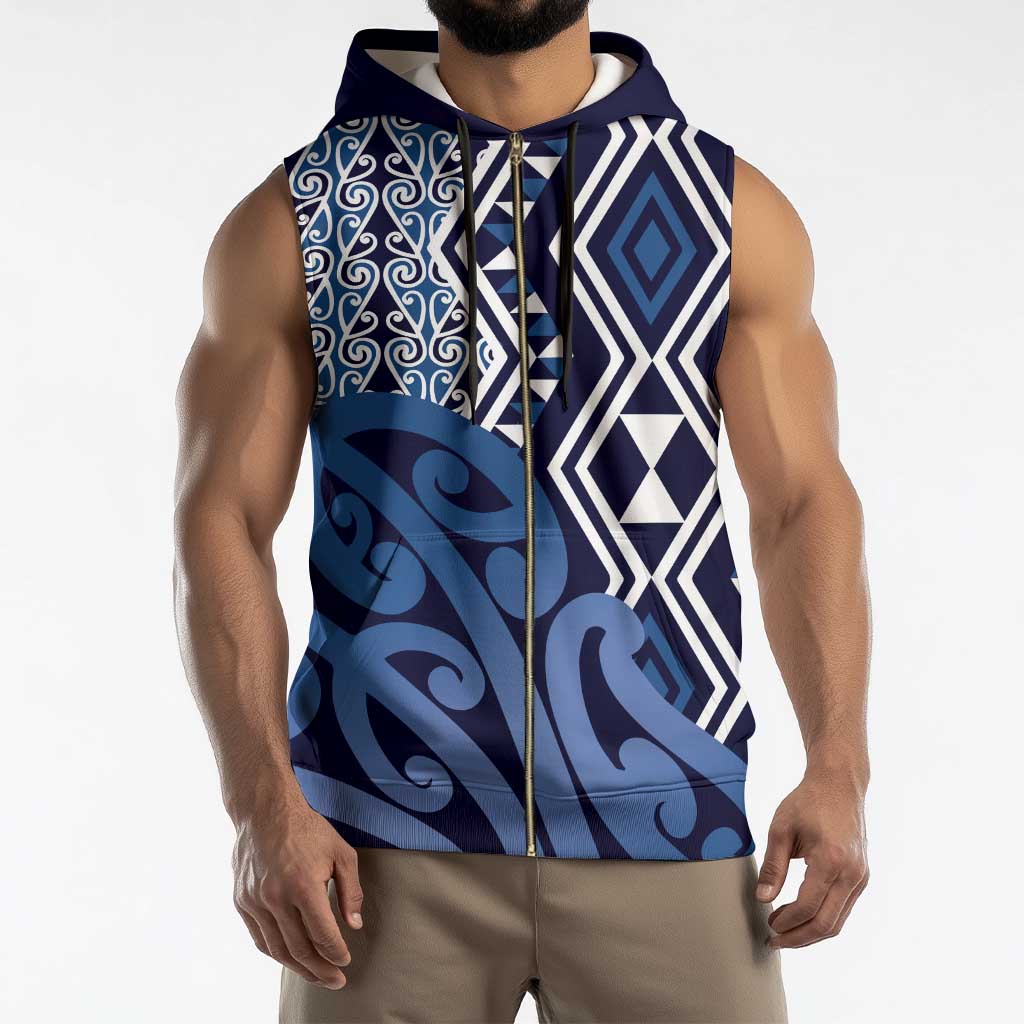 New Zealand Sleeveless Zip Hoodie Aotearoa Kowhaiwhai Mix Taniko Art - Blue - Polynesian Pride