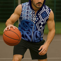 New Zealand Sleeveless Zip Hoodie Aotearoa Kowhaiwhai Mix Taniko Art - Blue - Polynesian Pride