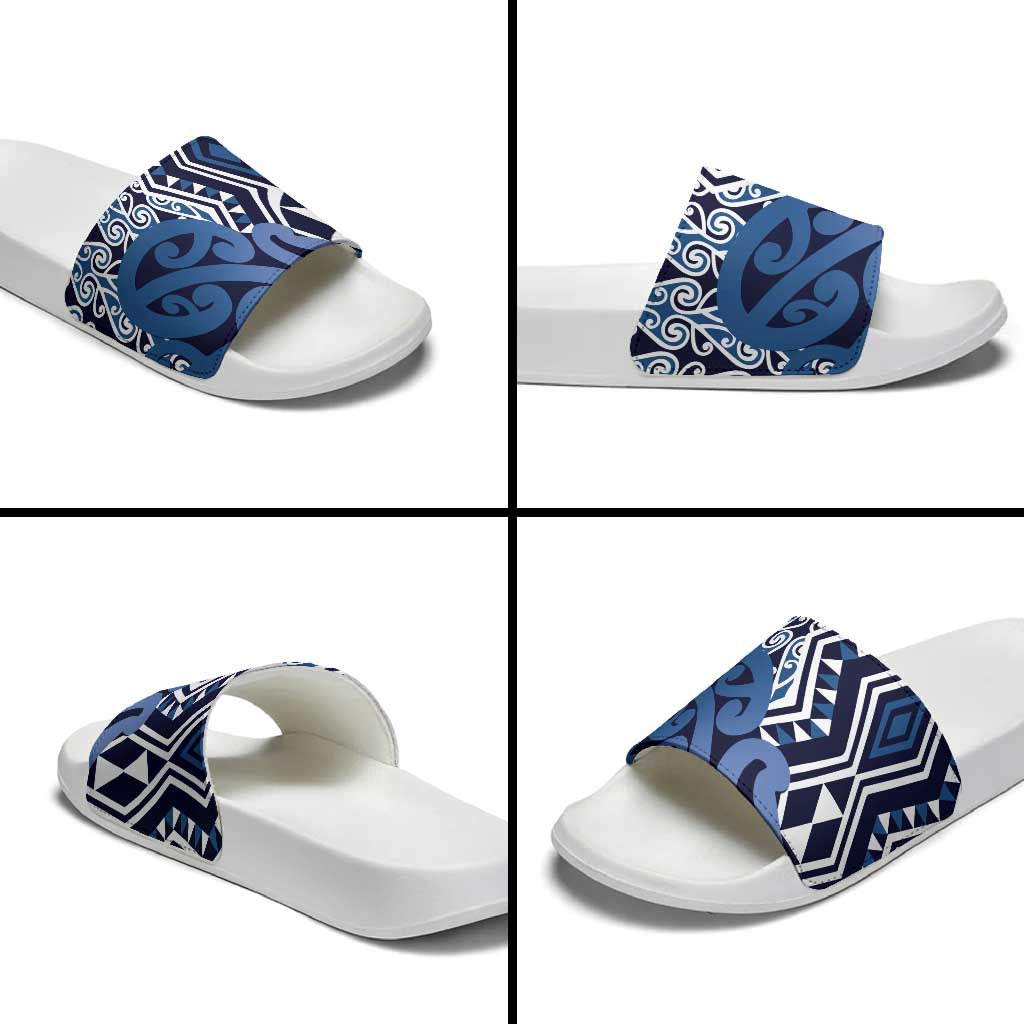 New Zealand Slide Sandals Aotearoa Kowhaiwhai Mix Taniko Art - Blue - Polynesian Pride