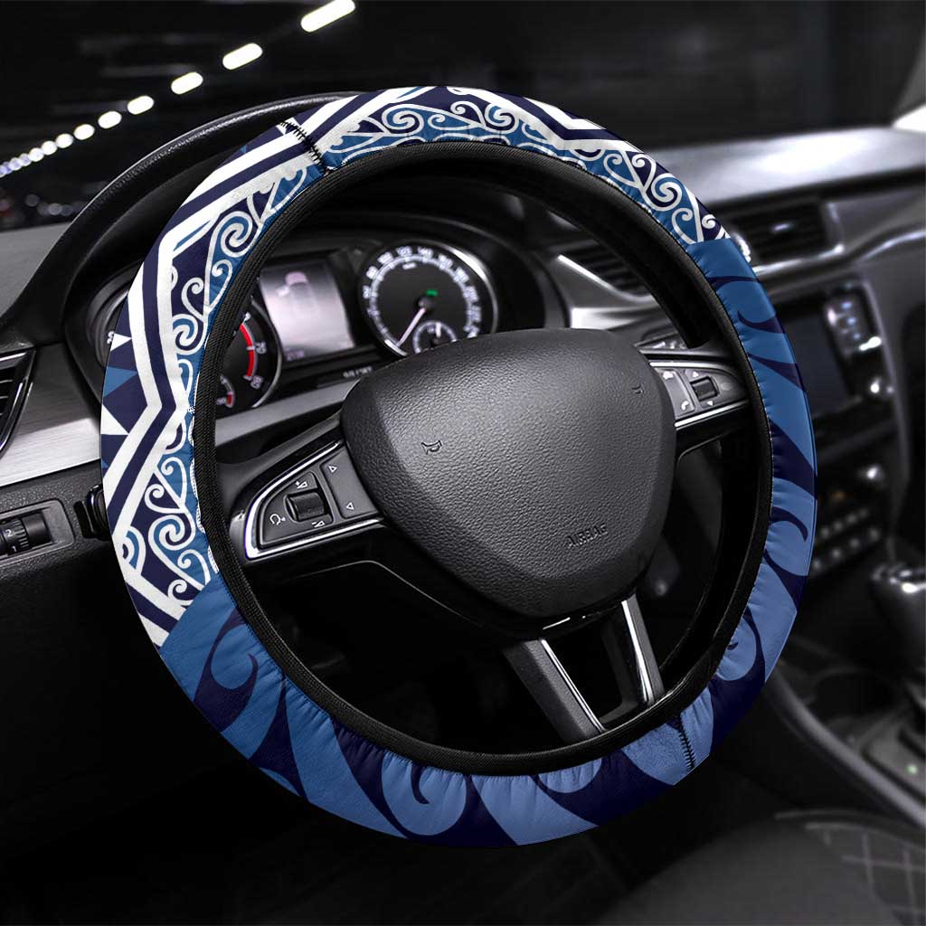 New Zealand Steering Wheel Cover Aotearoa Kowhaiwhai Mix Taniko Art - Blue LT14 Universal Fit Blue - Polynesian Pride