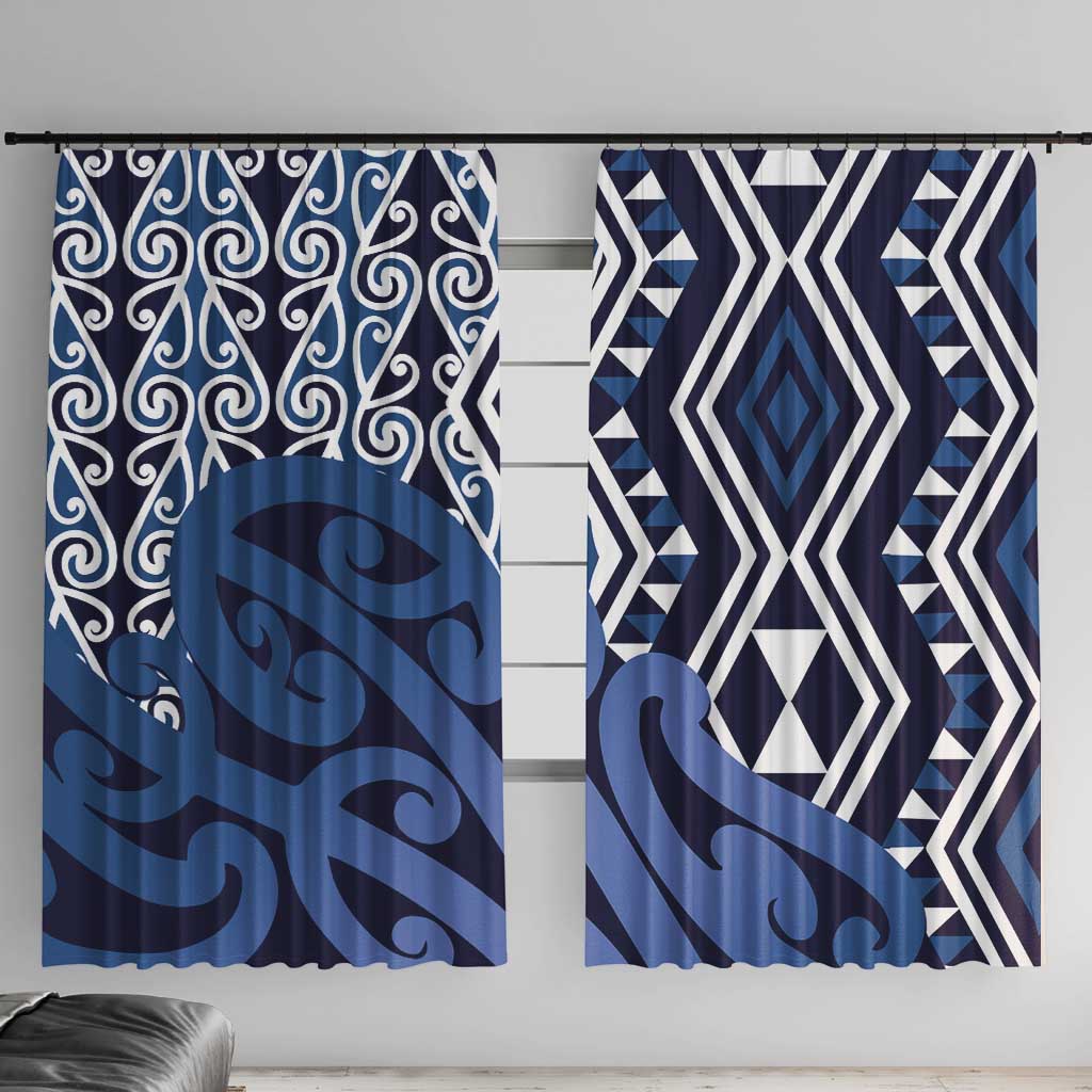 New Zealand Window Curtain Aotearoa Kowhaiwhai Mix Taniko Art - Blue LT14 With Hooks Blue - Polynesian Pride
