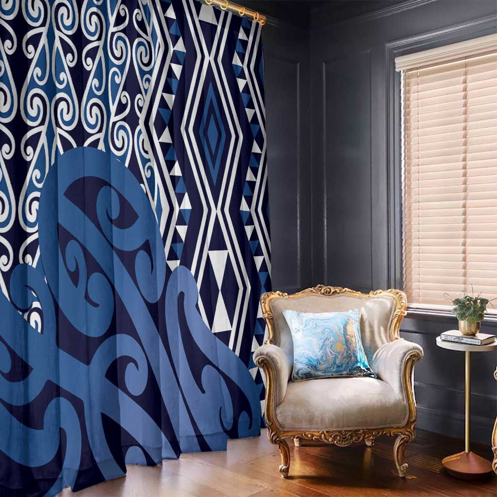 New Zealand Window Curtain Aotearoa Kowhaiwhai Mix Taniko Art - Blue LT14 - Polynesian Pride
