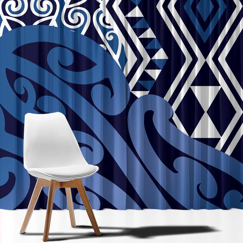New Zealand Window Curtain Aotearoa Kowhaiwhai Mix Taniko Art - Blue LT14 - Polynesian Pride