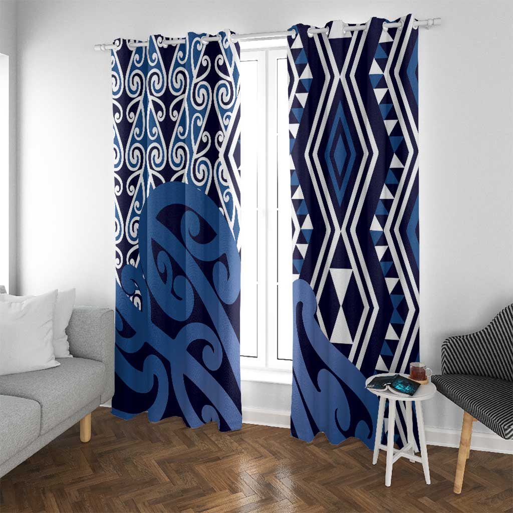 New Zealand Window Curtain Aotearoa Kowhaiwhai Mix Taniko Art - Blue LT14 With Grommets Blue - Polynesian Pride