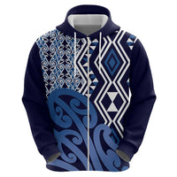 New Zealand Zip Hoodie Aotearoa Kowhaiwhai Mix Taniko Art - Blue